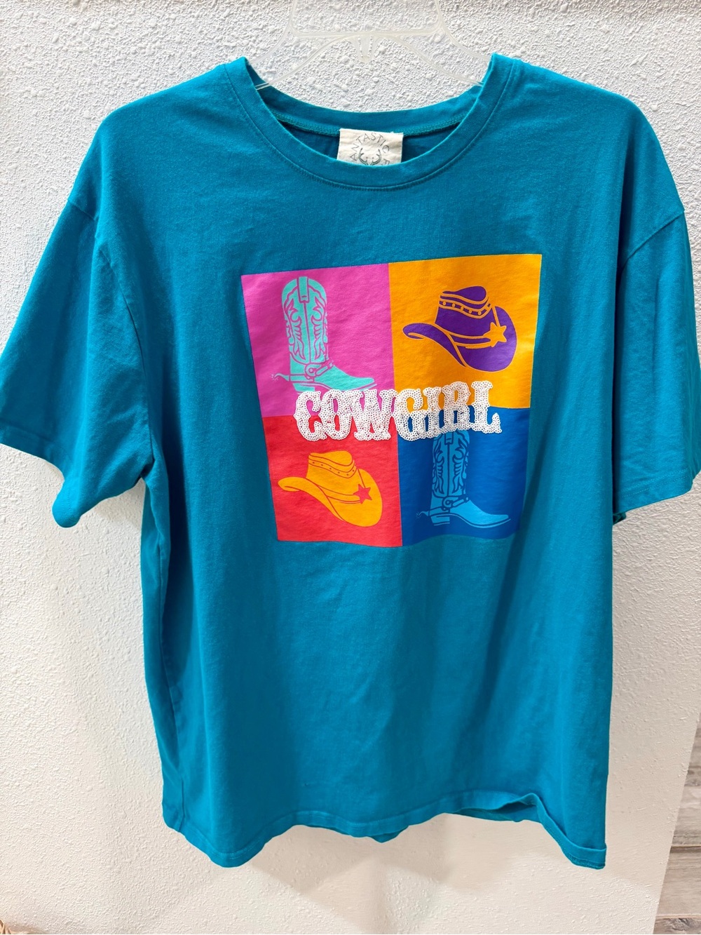 Fantastic Fawn Teal Cowgirl Sequin Graphic Tee with Bright Block Print